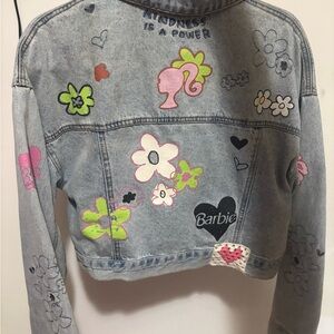 Barbie Kids Jean Jacket with Pink and Green Floral Designs